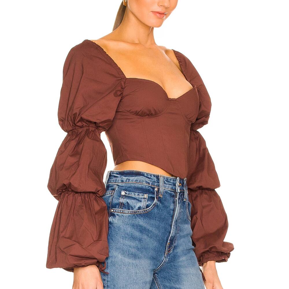 Majorelle Brown Corset Top SMALL Bustier Pirate Puff Sleeves Steampunk $128 NEW - Picture 2 of 7